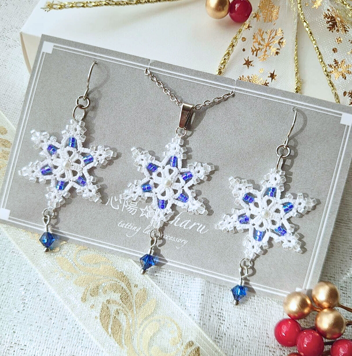 ❄️タティングレース　雪の結晶 ネックレス＆ピアス（イヤリング／イヤーカフ）セット❄️