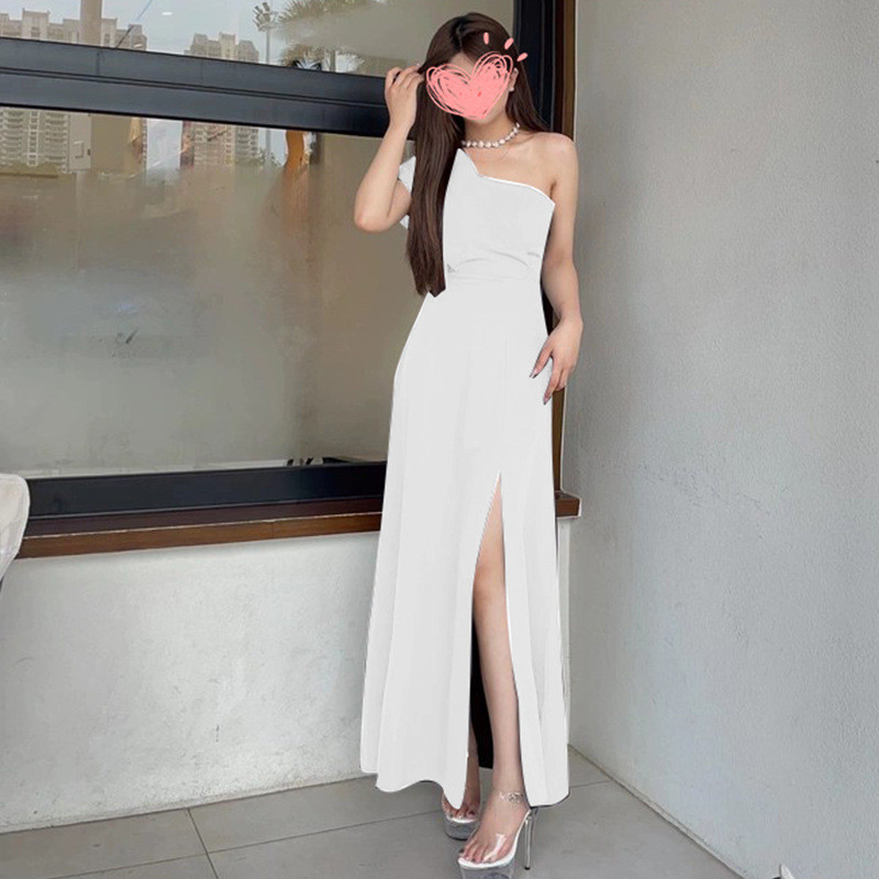 高級感 白 黒 ノースリーブ パーティードレス シンプル 韓国風 パーティー 演奏会 二次会 前撮り HL517