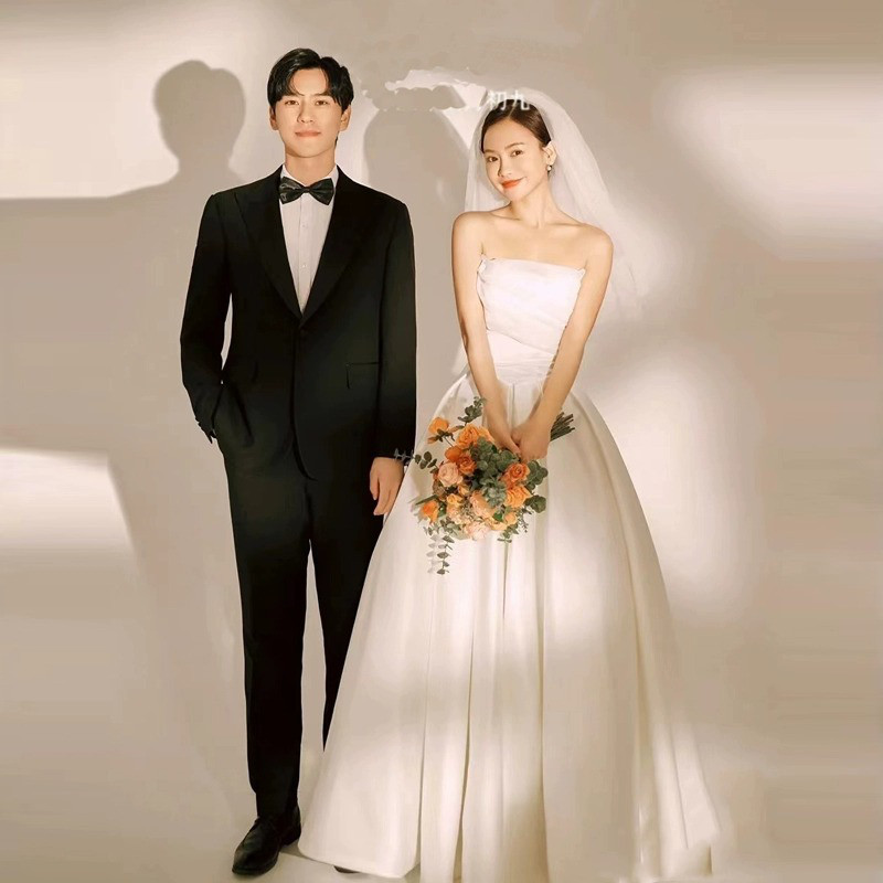 高級感 白黒 サテン ウェディングドレス シンプル 韓国風 花嫁 結婚式 パーティー 演奏会 二次会 前撮り HL519