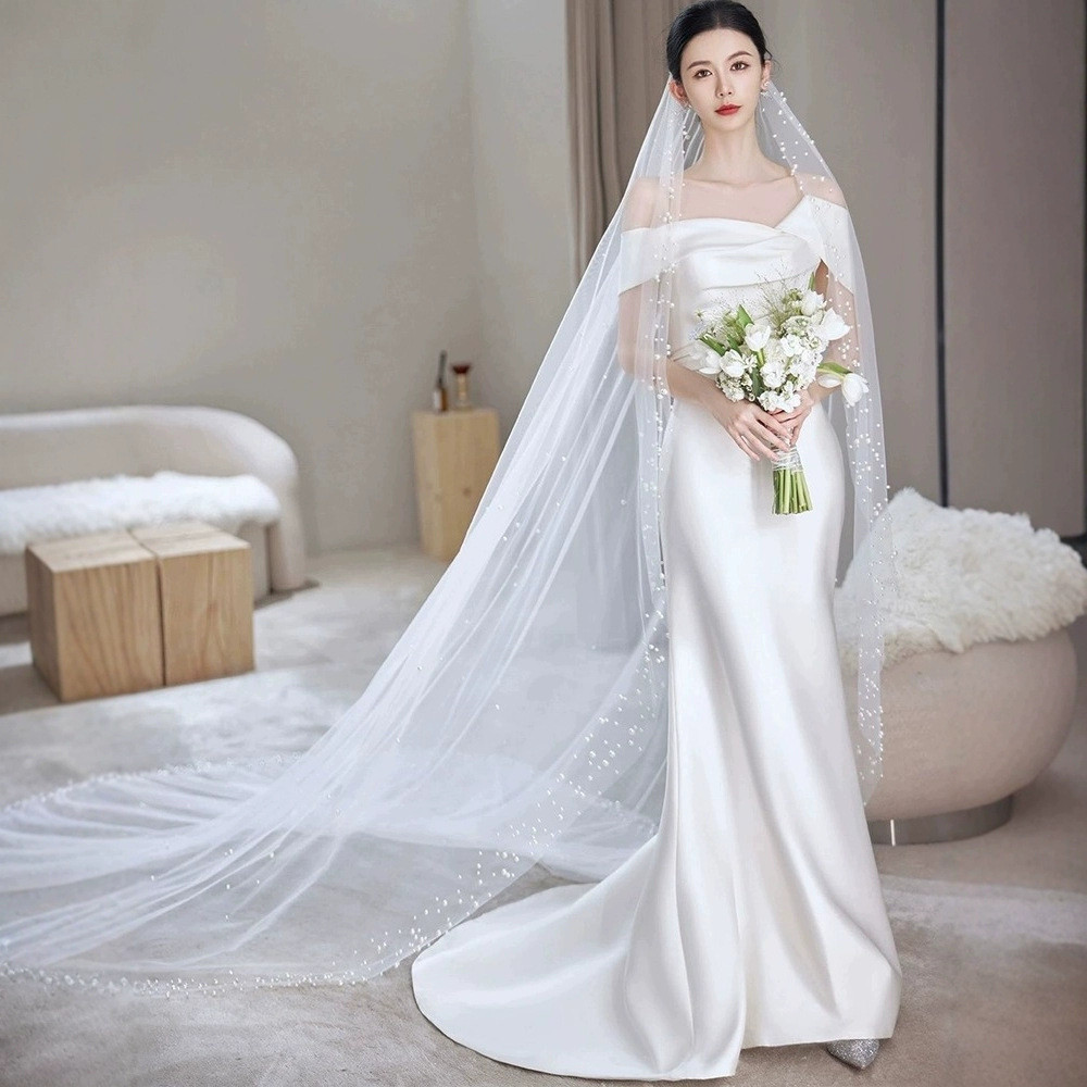 高級感 白黒 オフショルダー サテン ウェディングドレス 韓国風 花嫁 結婚式 パーティー 二次会 前撮り HL520