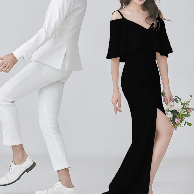 高級感 白黒 Vネック サテン ウェディングドレス シンプル韓国風 花嫁 結婚式 パーティー 二次会 前撮り HL529