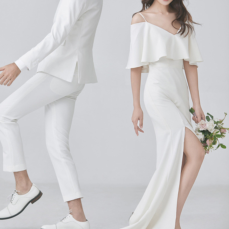 高級感 白黒 Vネック サテン ウェディングドレス シンプル韓国風 花嫁 結婚式 パーティー 二次会 前撮り HL529