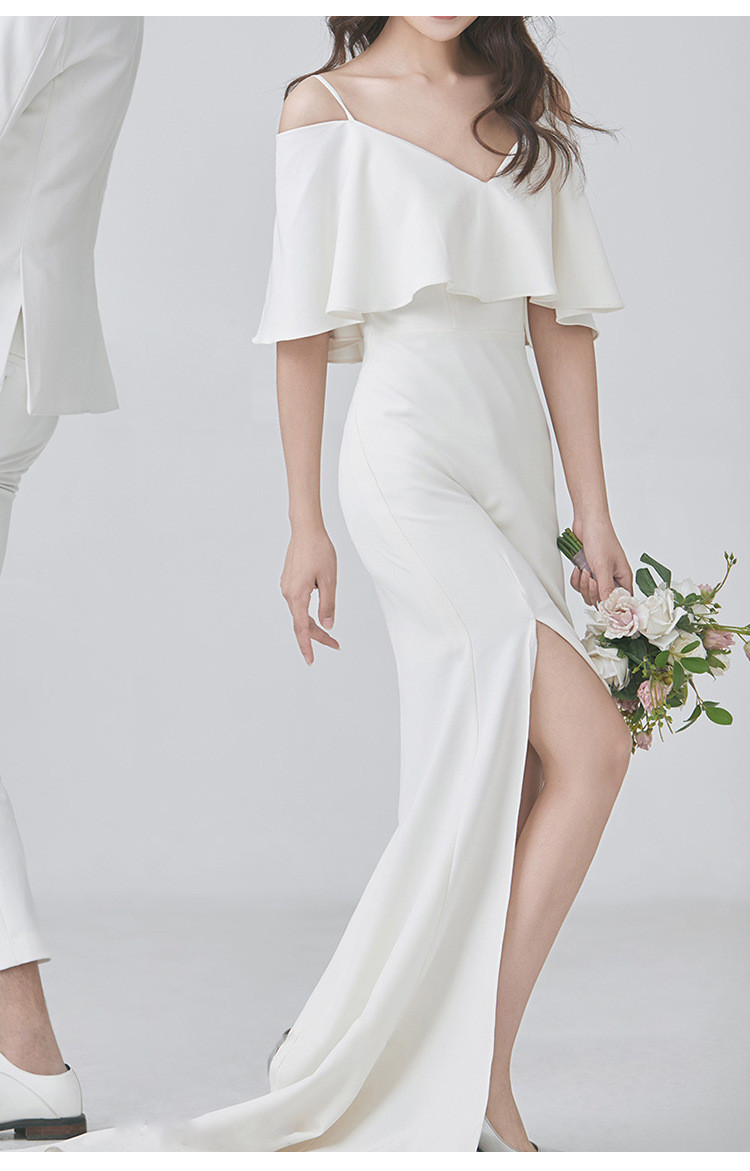 高級感 白黒 Vネック サテン ウェディングドレス シンプル韓国風 花嫁 結婚式 パーティー 二次会 前撮り HL529