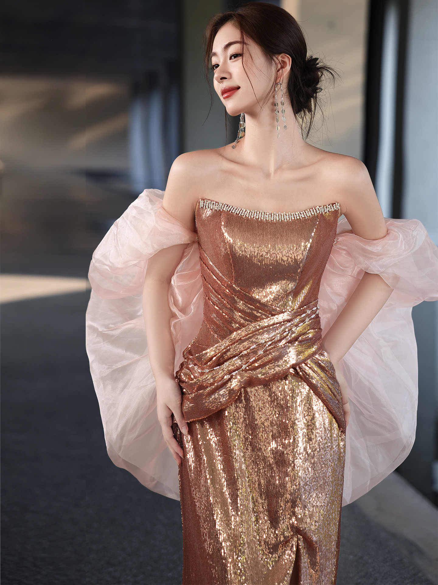 高級感 シャンパン色 スパンコール キラキラ マーメイドドレス 花嫁 演奏会 二次会 前撮り 披露宴 09117