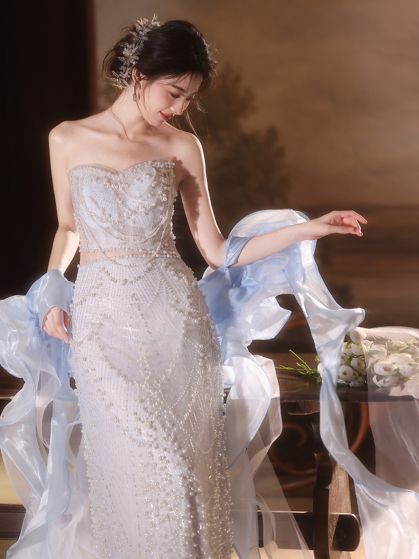 高級感 白 パール キラキラ マーメイドドレス 肩飾りが付 綺麗 花嫁 演奏会 二次会 前撮り 披露宴 09118