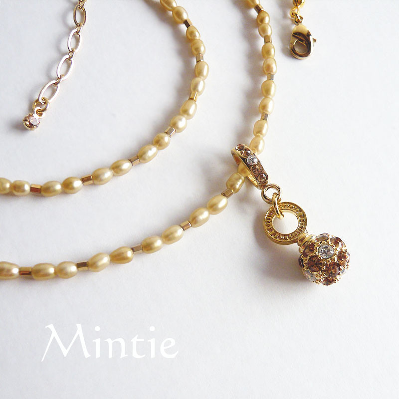 一点もの2wayロングネックレス★ゴールド淡水パールとベージュのパヴェ