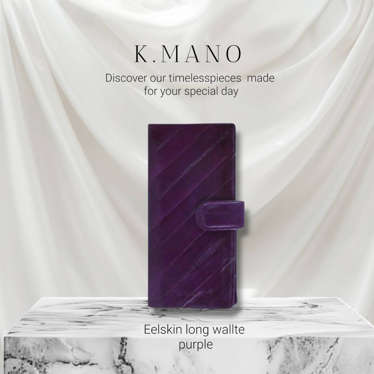 K.mano うなぎの本革 高級イールスキン ベルト付き長財布/ロングウォレット うなぎの革 お財布 男女兼用　パープル