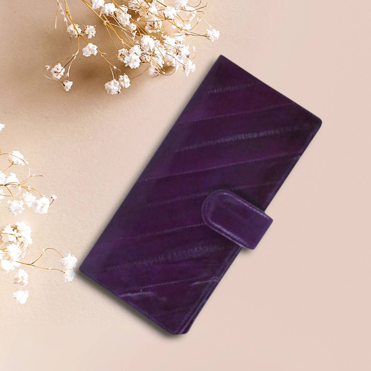 K.mano うなぎの本革 高級イールスキン ベルト付き長財布/ロングウォレット うなぎの革 お財布 男女兼用　パープル