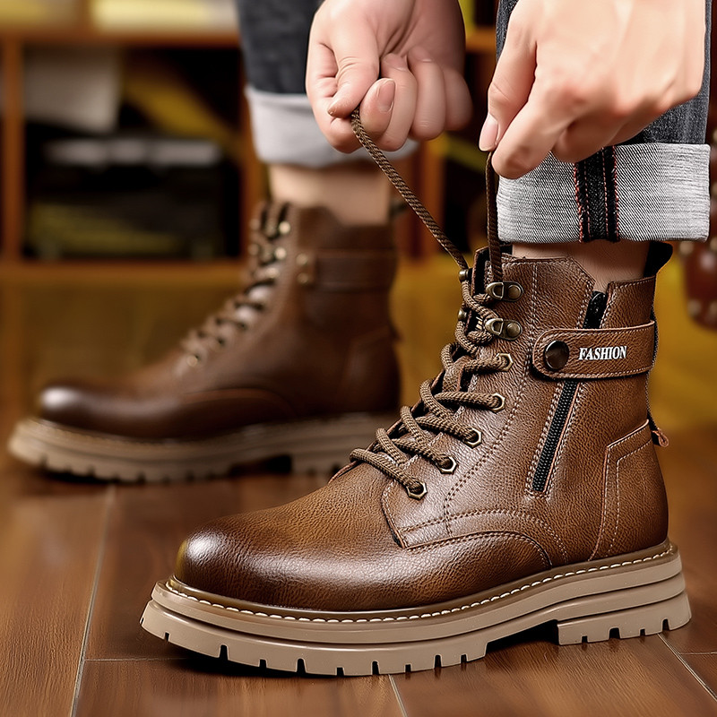 マーチンブーツ男性冬の新作本革ギャザー保温東北大綿靴ハイカットレトロカジュアルウールスノーブーツ