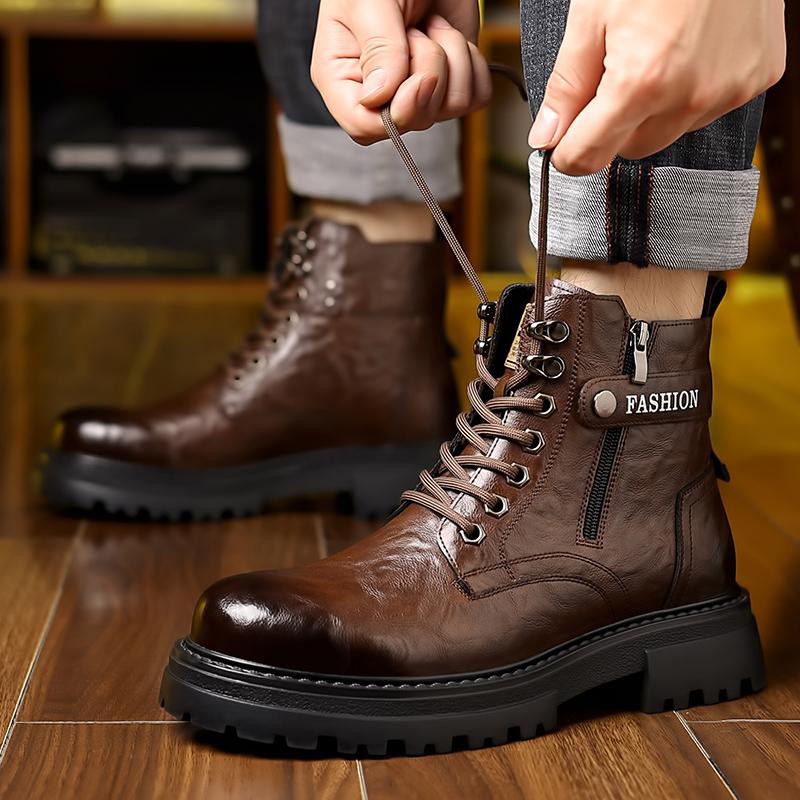 マーチンブーツ男性冬の新作本革ギャザー保温東北大綿靴ハイカットレトロカジュアルウールスノーブーツ