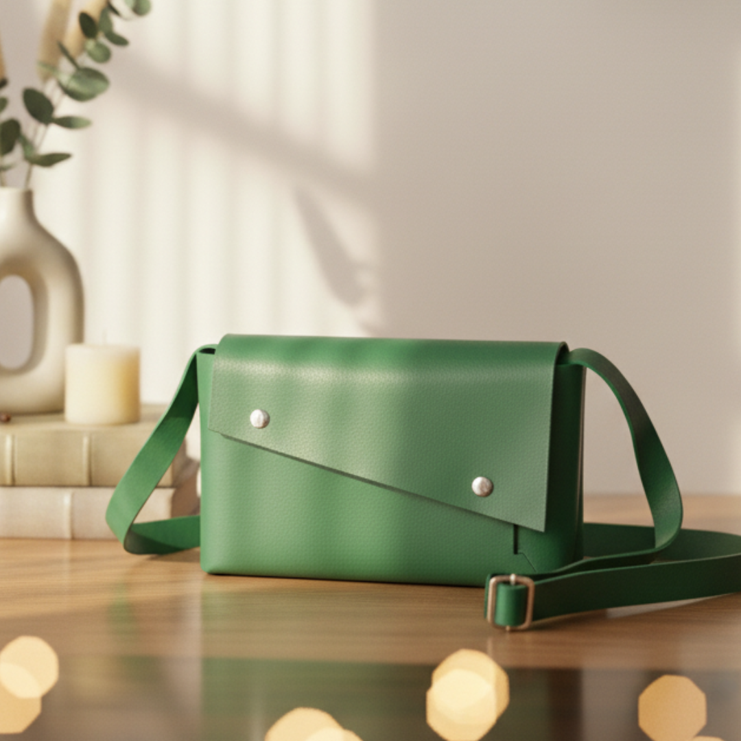 リーフグリーンの無縫製の一枚革でつくる、上質ミニマルポシェット〈イタリアンレザー〉