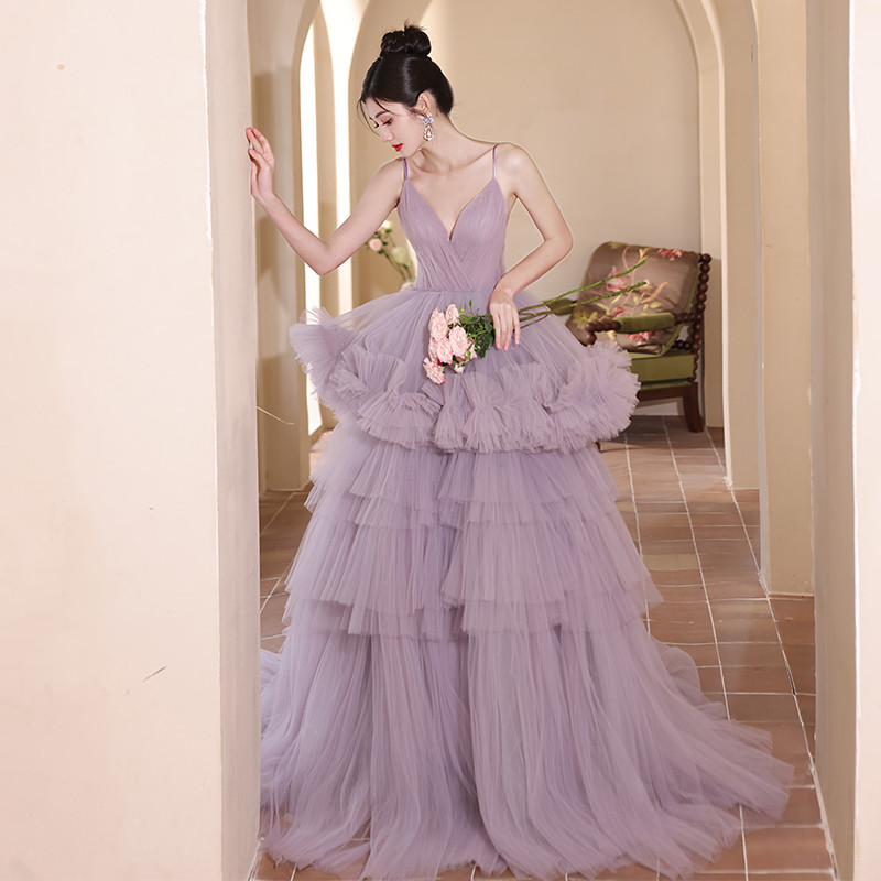 綺麗 紫 ふわふわ ウェディングドレス 裾引き プリンセス 花嫁 成人式 演奏会 二次会 前撮り 披露宴 08839