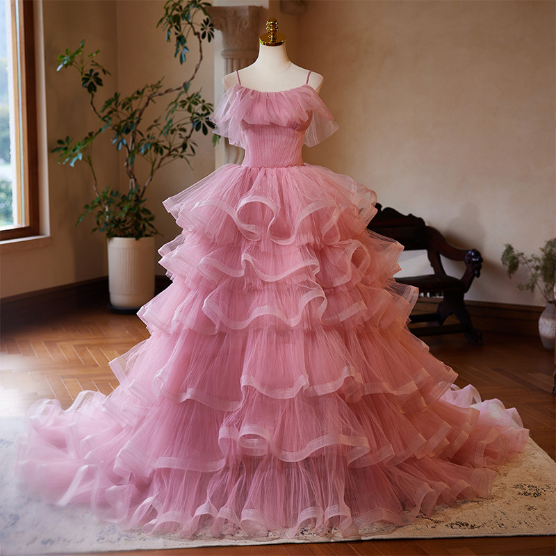 綺麗 ピンク ふわふわ ウェディングドレス 裾引き プリンセス 花嫁 成人式 演奏会 二次会 前撮り 披露宴 08836