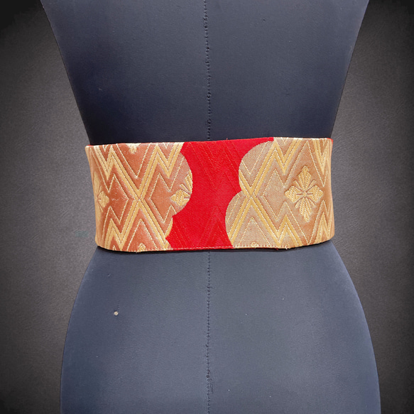 赤煌めき金刺繍 サッシュベルト リボン ウエスト 60〜90cm  着物リメイクリボン  J71106 3枚目の画像