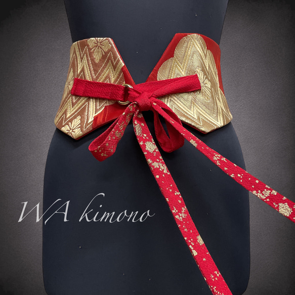 赤煌めき金刺繍 サッシュベルト リボン ウエスト 60〜90cm  着物リメイクリボン  J71106 1枚目の画像