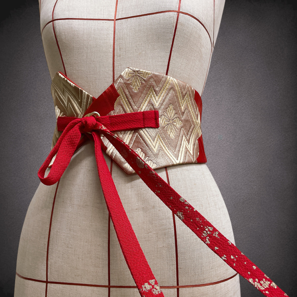 赤煌めき金刺繍 サッシュベルト リボン ウエスト 60〜90cm  着物リメイクリボン  J71106 11枚目の画像