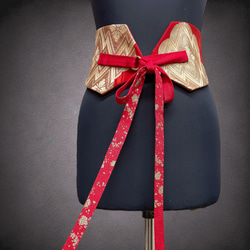 赤煌めき金刺繍 サッシュベルト リボン ウエスト 60〜90cm  着物リメイクリボン  J71106 5枚目の画像