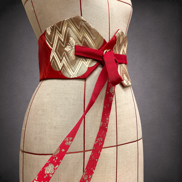赤煌めき金刺繍 サッシュベルト リボン ウエスト 60〜90cm  着物リメイクリボン  J71106 7枚目の画像