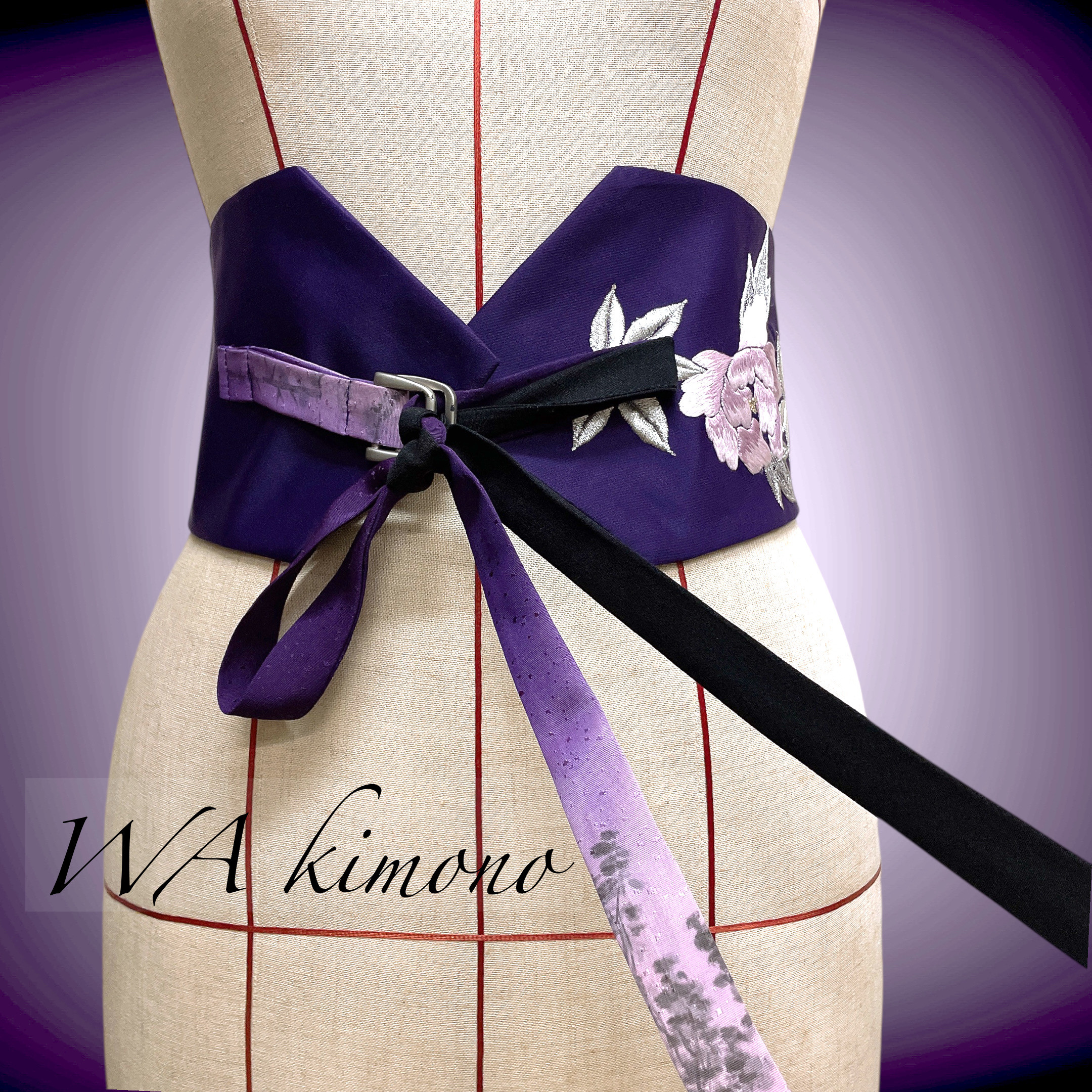 紫 花刺繍 サッシュベルト リボン ウエスト 60〜90cm  着物リメイクリボン  J71107