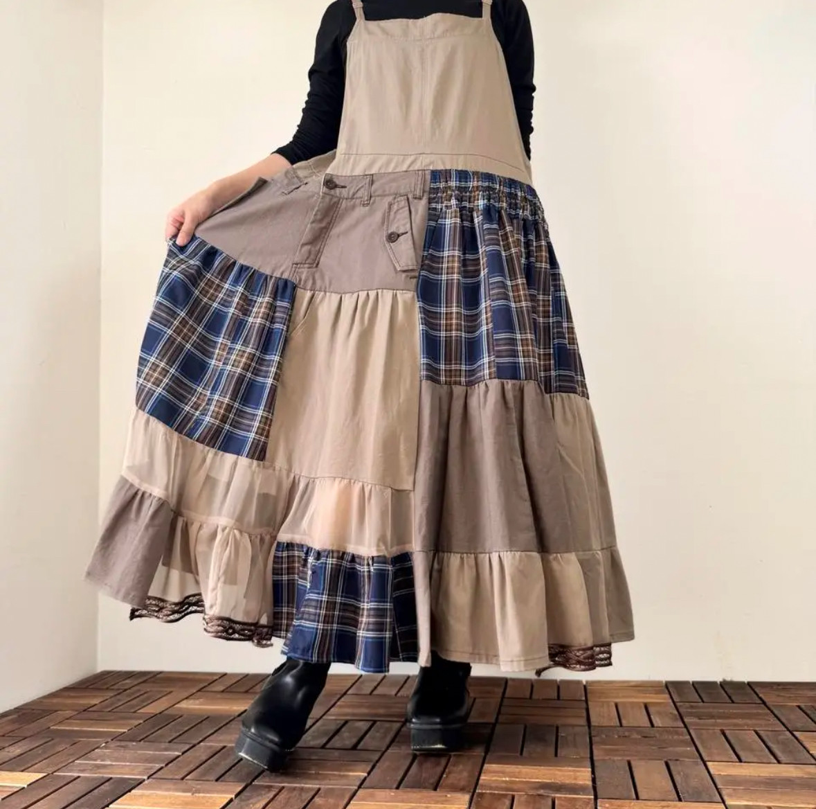 008 usedリメイクパッチワークシースルー素材使用　ジャンパースカート ベージュ×ブラウン×ブルー チェック