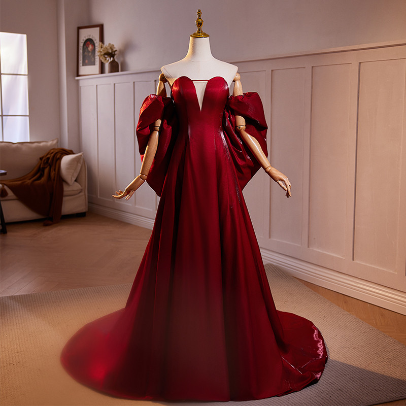 高級感 赤 パーティードレス 肩飾りが付 裾引き 優雅 花嫁 結婚式 演奏会 二次会 前撮り 披露宴 08827