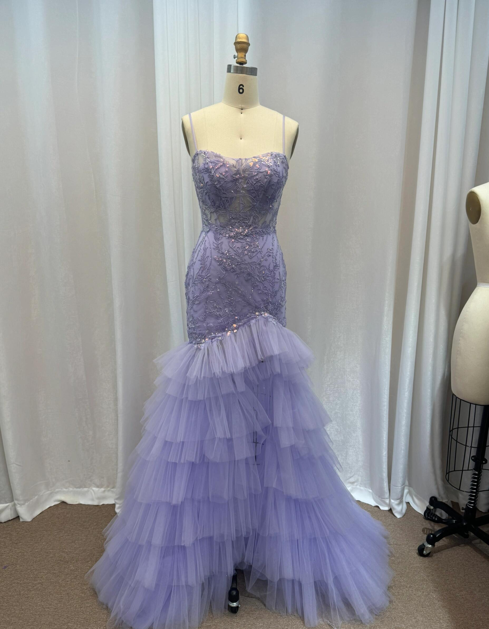 上質　ラベンダー色　バックリボン　タイトスカート　可愛い　多層チュール　ギャザー　本命ドレス制作海外挙式前撮りお呼ばれ