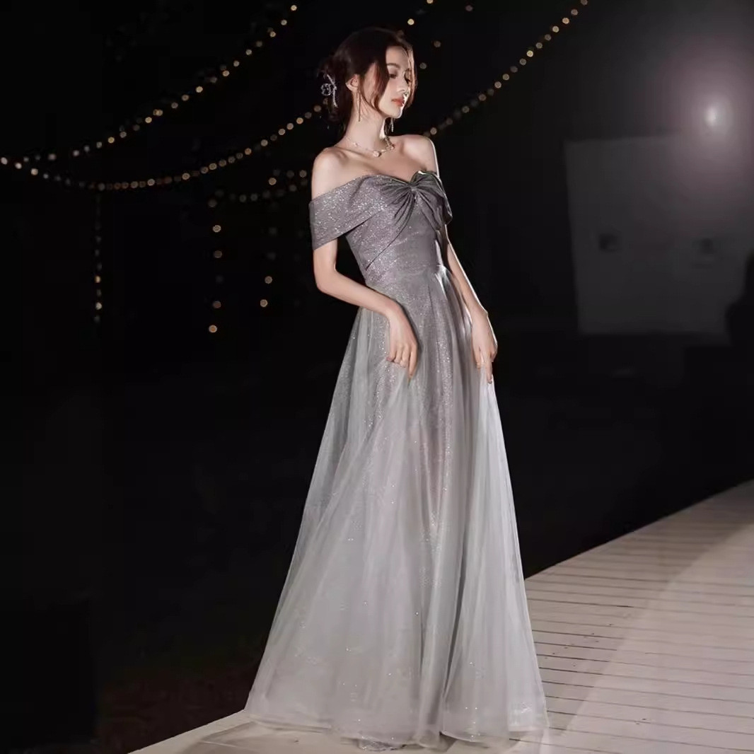 高級感 グレー オフショルダー キラキラ パーティードレス 韓国風 誕生日 成人式 演奏会 二次会 前撮り HL553