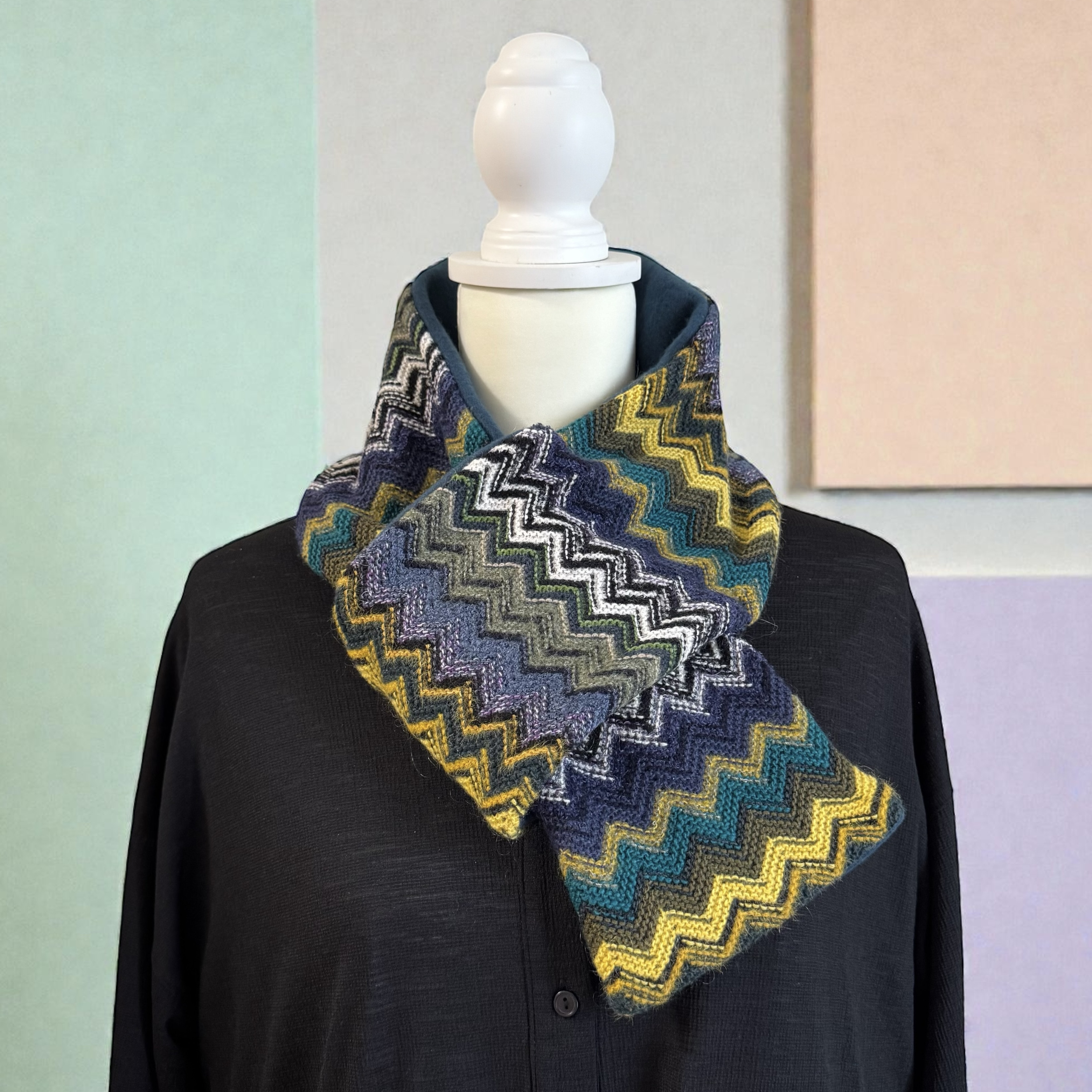 イタリア製/ジャガードニット◆コンパクトマフラー【ブルーmix】