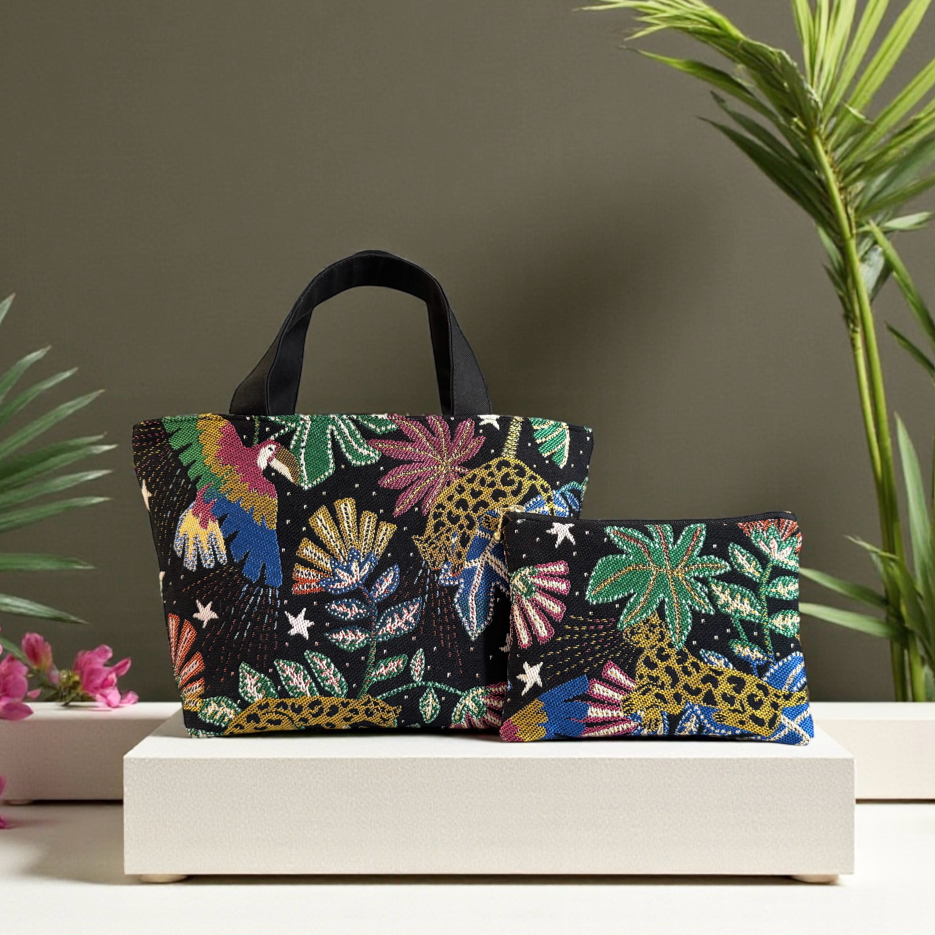 フランス生地/ジャガード織り/ヒョウと鳥/トートバッグ＆ポーチセット