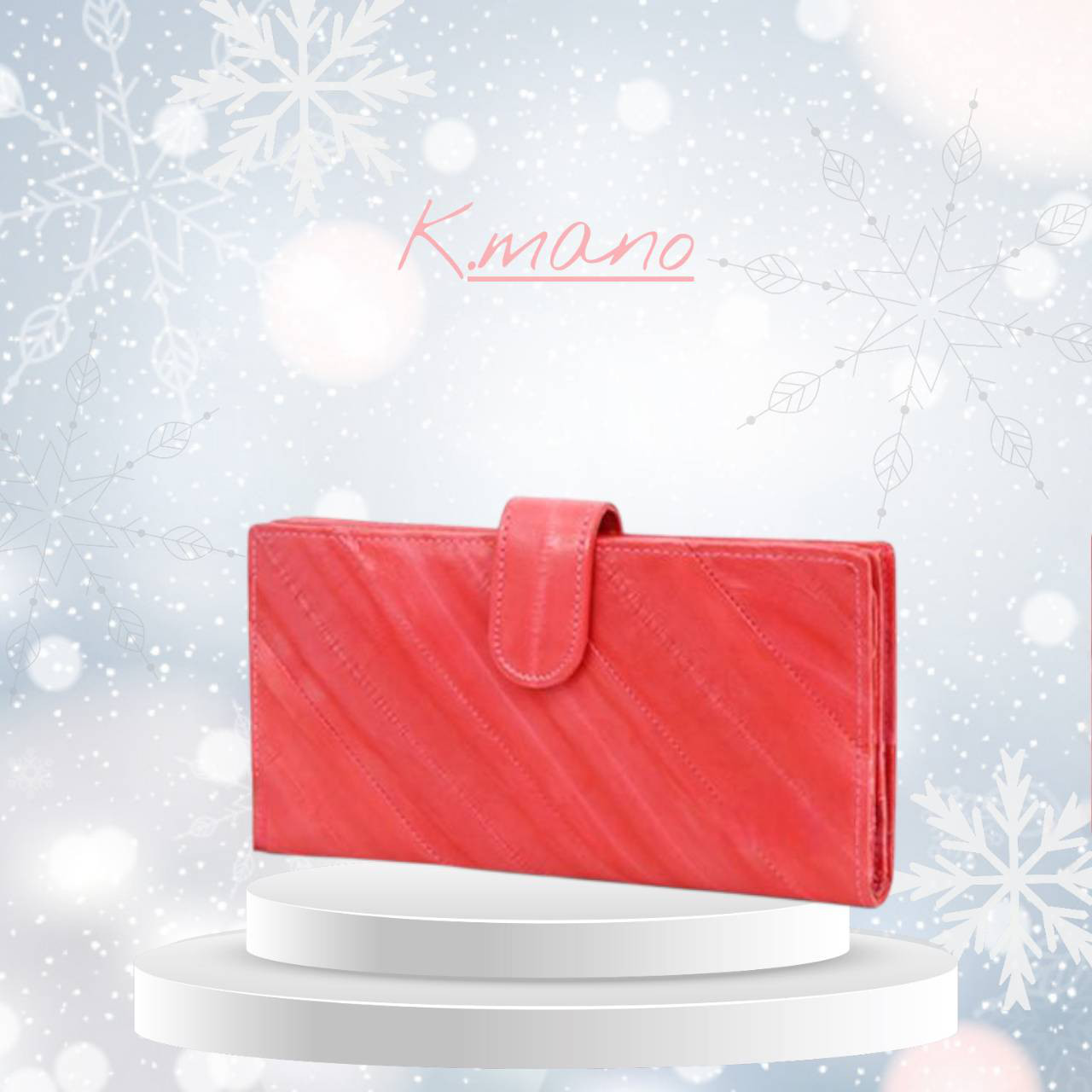 K.mano うなぎの本革 高級イールスキン ベルト付き長財布/ロングウォレット男女兼用 コーラルピンク