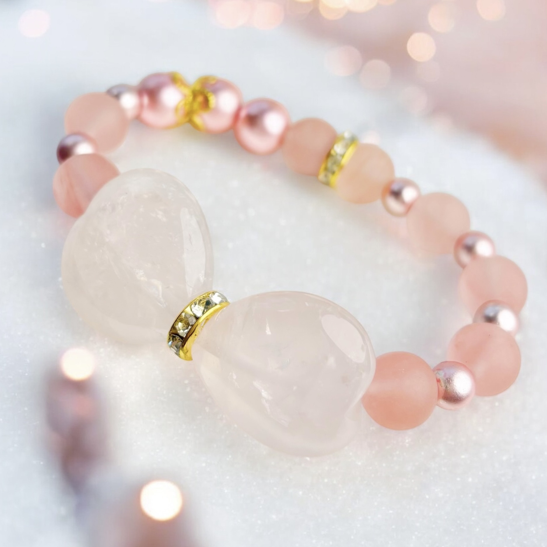 大人かわいいのに上品！<ローズクォーツ×ヘマタイト×チェリークォーツ>冬のピンクリボン天然石ブレスレット