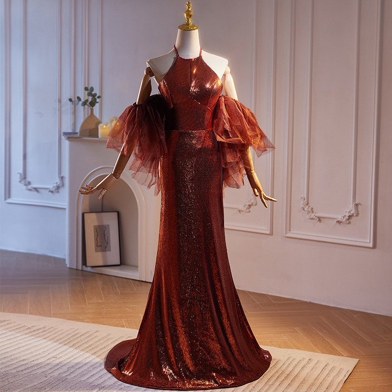 高級感 赤 スパンコール キラキラ マーメイドドレス 肩飾りが付 花嫁 演奏会 二次会 前撮り 披露宴 08818