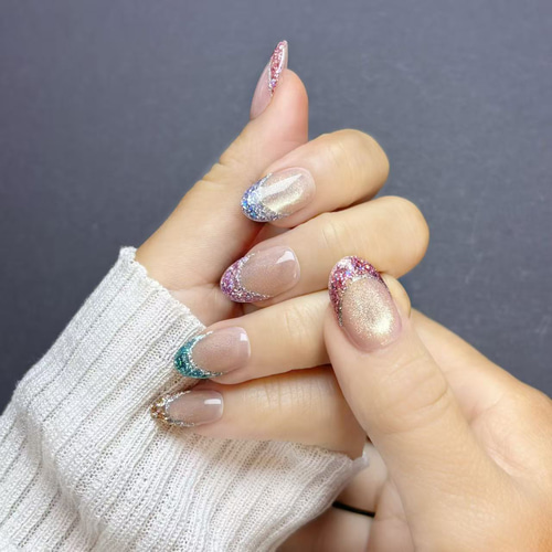 新春SALE】ラメフレンチ マグネットネイル ショートオーバル NTSOMFaya