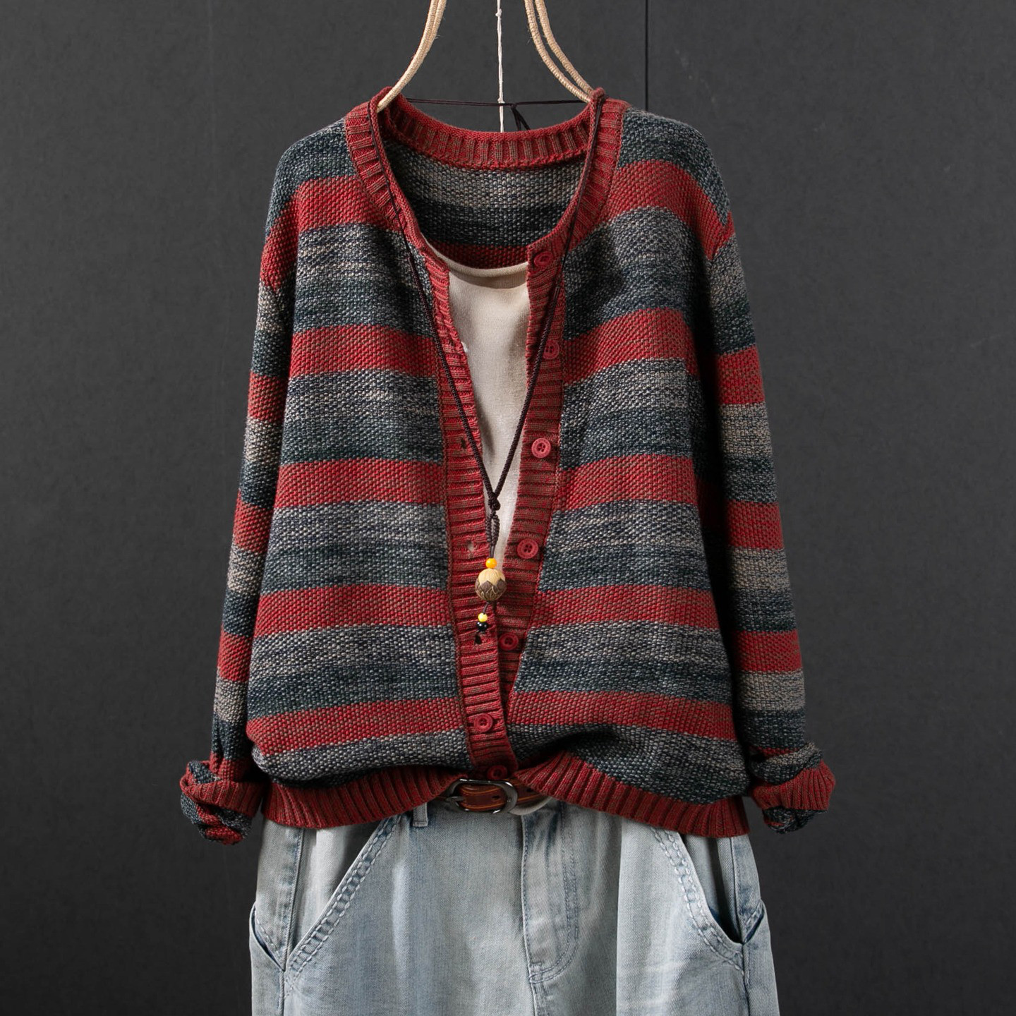 レディース ニットカーディガン クルーネック ボーダー 長袖 トップス