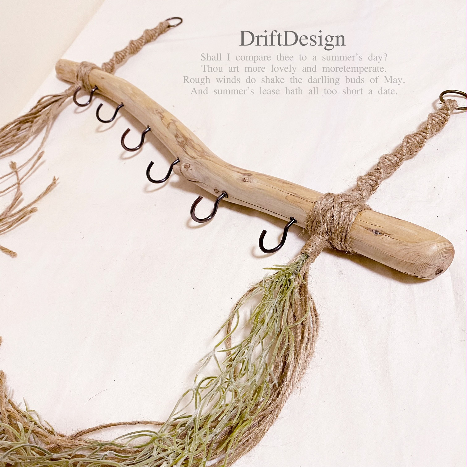 〜DriftDesign〜　キレイめ味わい流木のお洒落な多用途多連キーフック　フック　造花　グリーン　アクセサリー