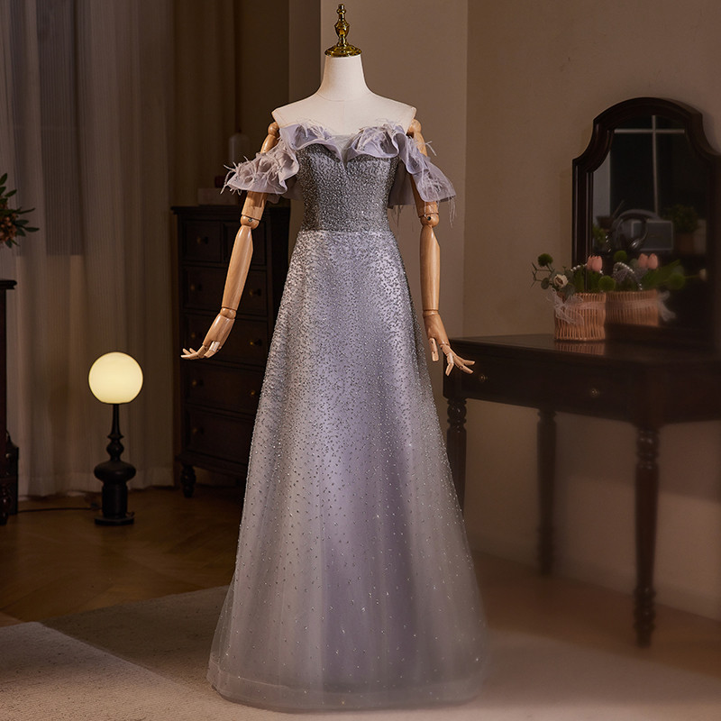 高級感 グレー オフショルダー キラキラ パーティードレス 花嫁 結婚式 演奏会 二次会 前撮り 披露宴 08816