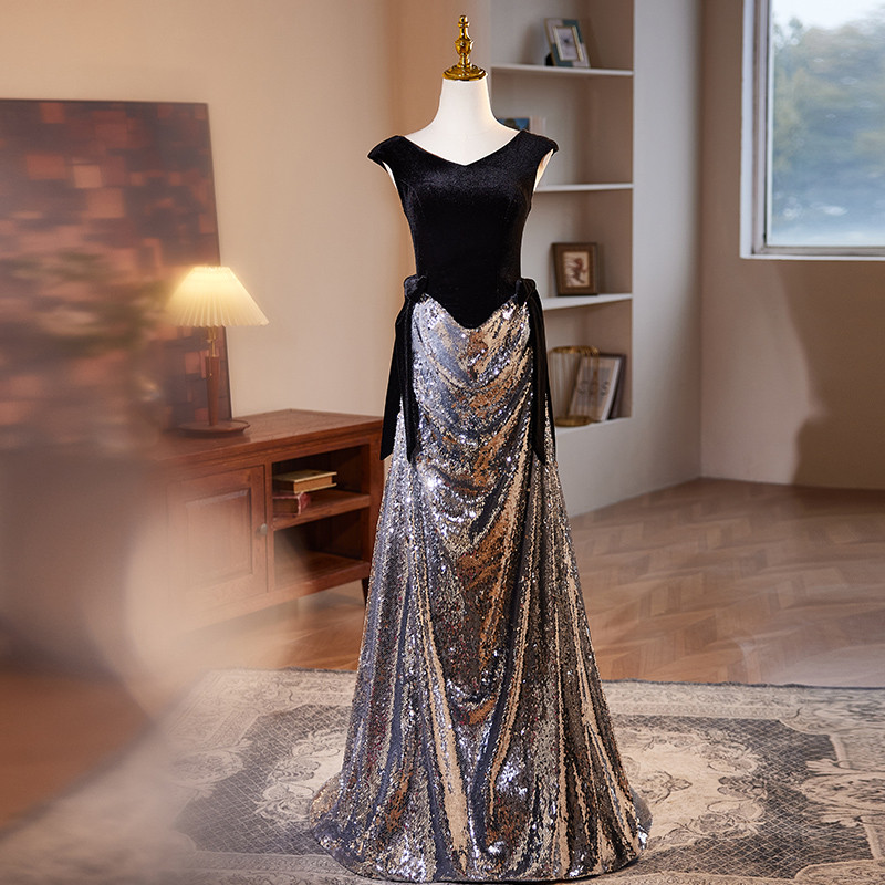 高級感 シルバー スパンコール キラキラ パーティードレス 優雅 結婚式 演奏会 二次会 前撮り 披露宴 08800