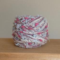 引き揃え毛糸玉*グレー× ピンク、モスグリーンスラリットリボン 毛糸