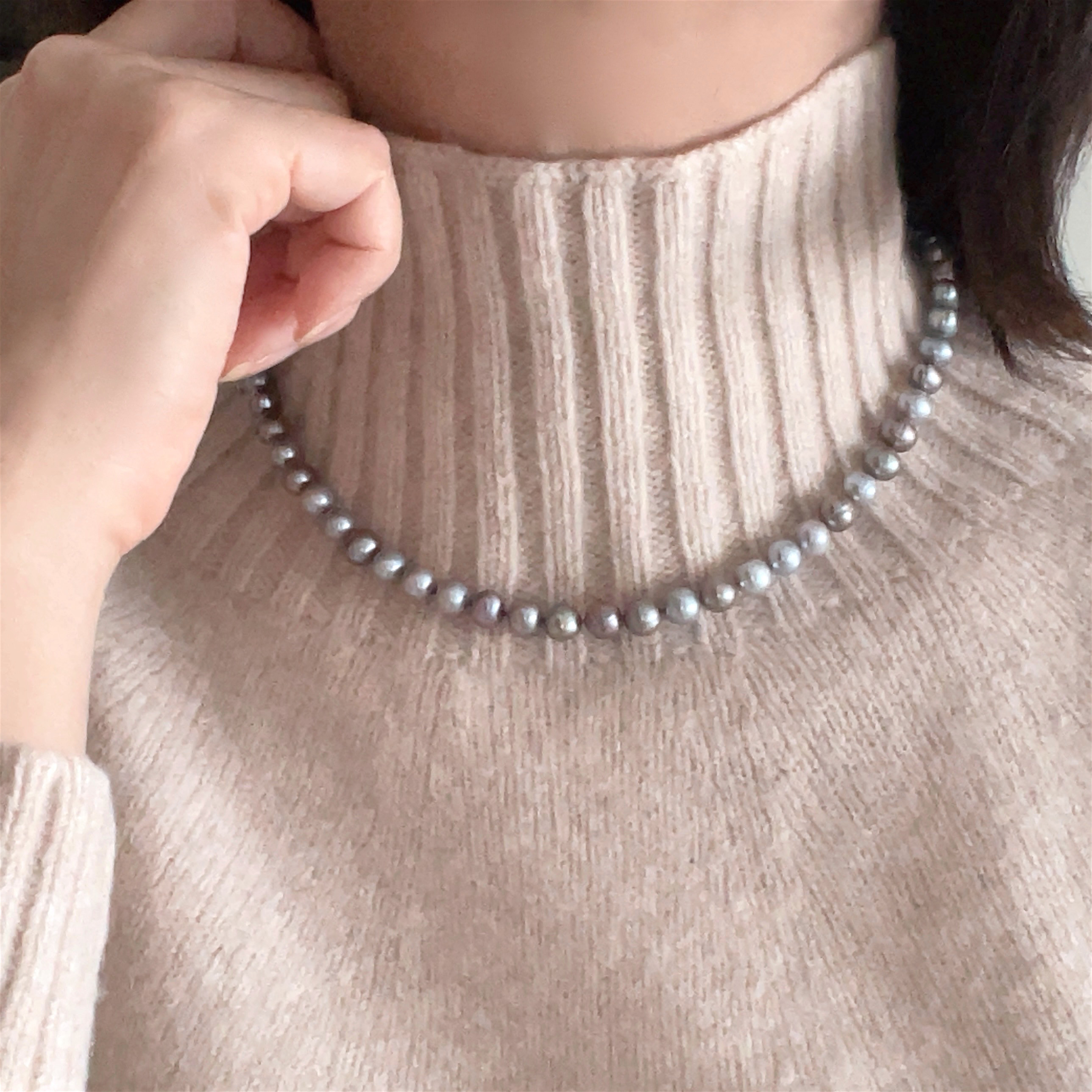 淡水パール サックス＆チャコールシルバーミックス バロックパールのチョーカー 7mm~7.5mm