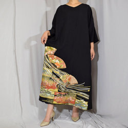訳有り 3XL,黒留袖リメイク 大きいサイズワンピース - パネル模様,四季