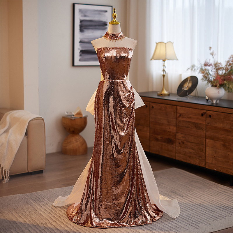 綺麗 シャンパン色 リボン スパンコール キラキラ マーメイドドレス 裾引き 演奏会 二次会 前撮り 披露宴 08812