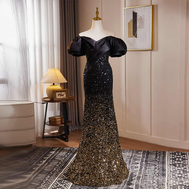 高級感 黒 オフショルダー スパンコール キラキラ マーメイドドレス 演奏会 二次会 前撮り 披露宴 08801