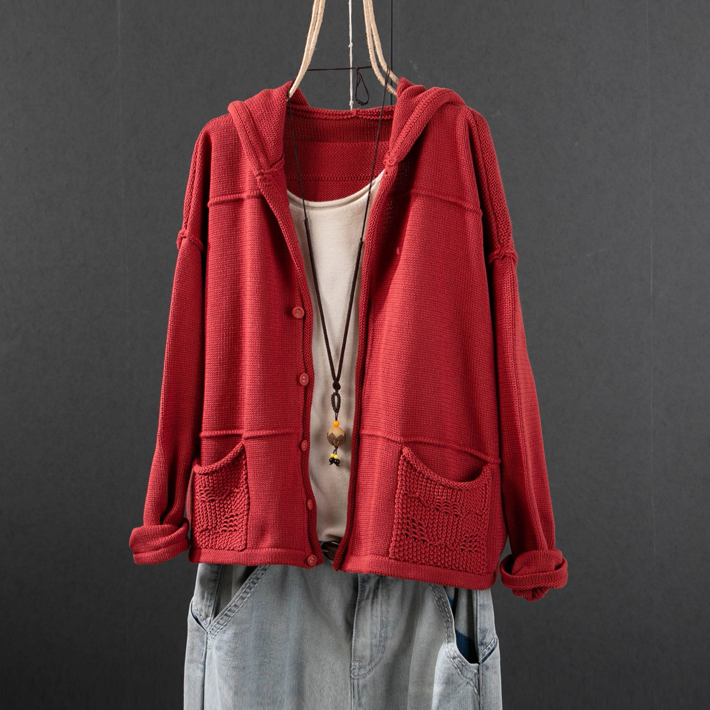 レディース ニットカーディガン フード付き ダブルポケット コットン 長袖 ショート丈 アウター トップス