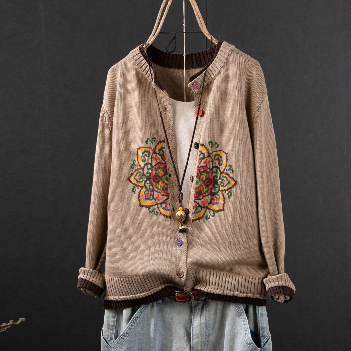 レディース ニットカーディガン クルーネック プリント コットン 長袖 ショート丈 アウター トップス