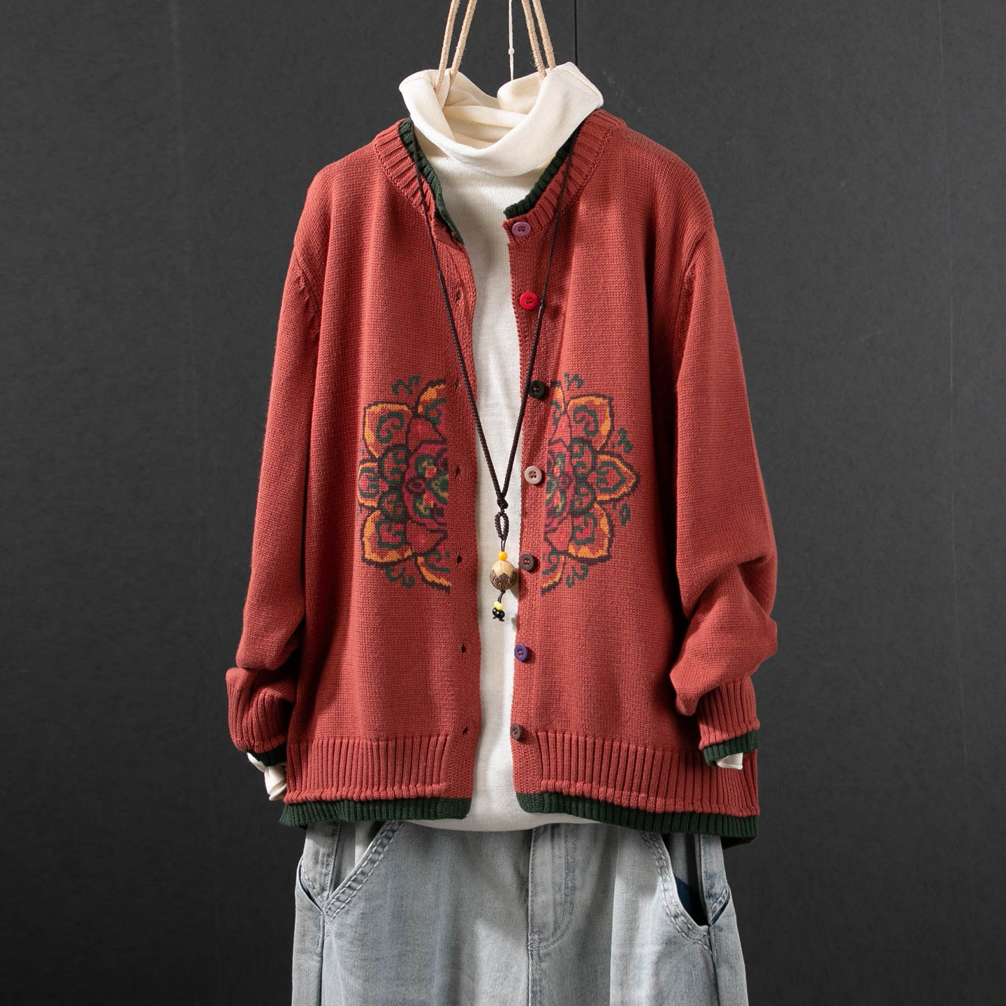 レディース ニットカーディガン クルーネック プリント コットン 長袖 ショート丈 アウター トップス