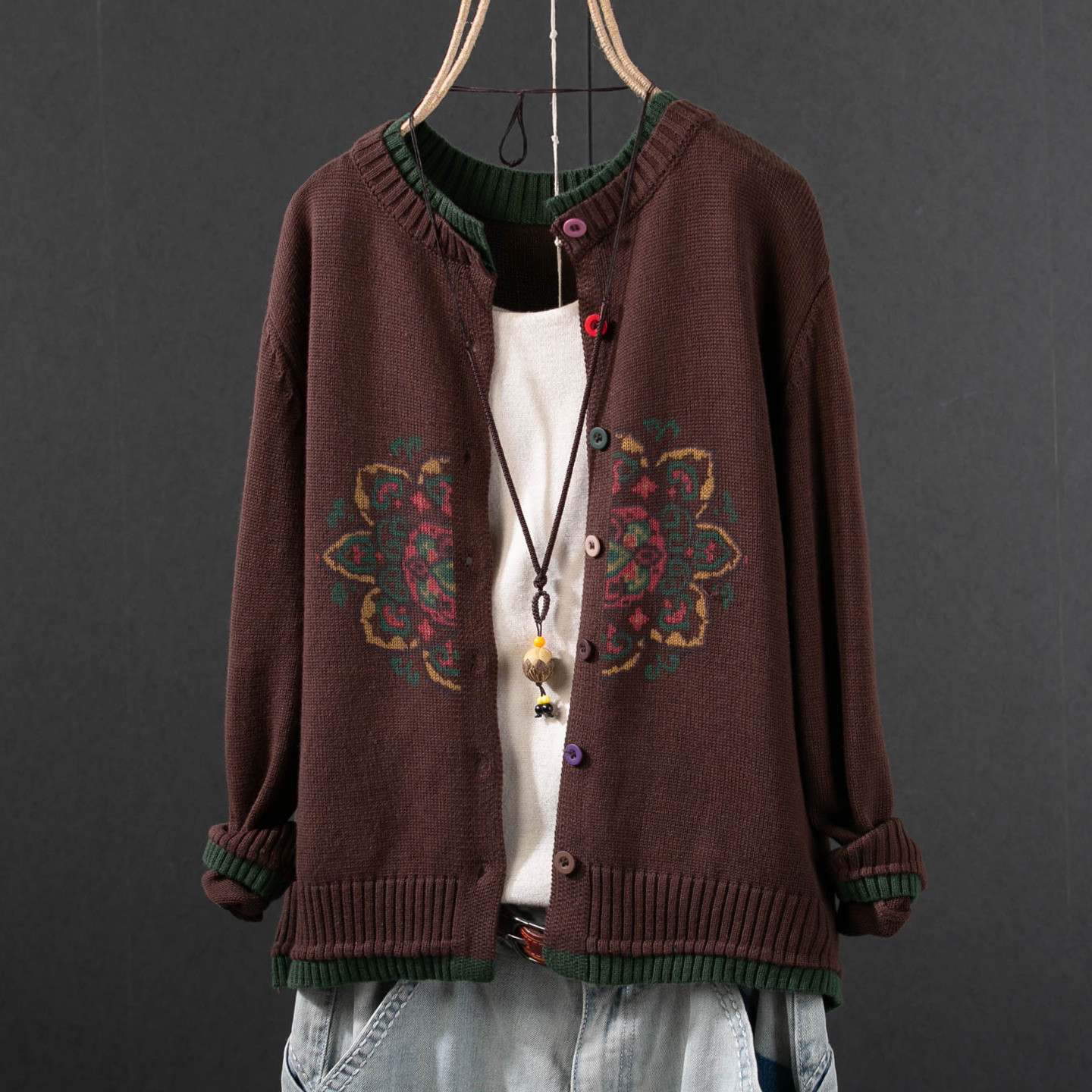 レディース ニットカーディガン クルーネック プリント コットン 長袖 ショート丈 アウター トップス