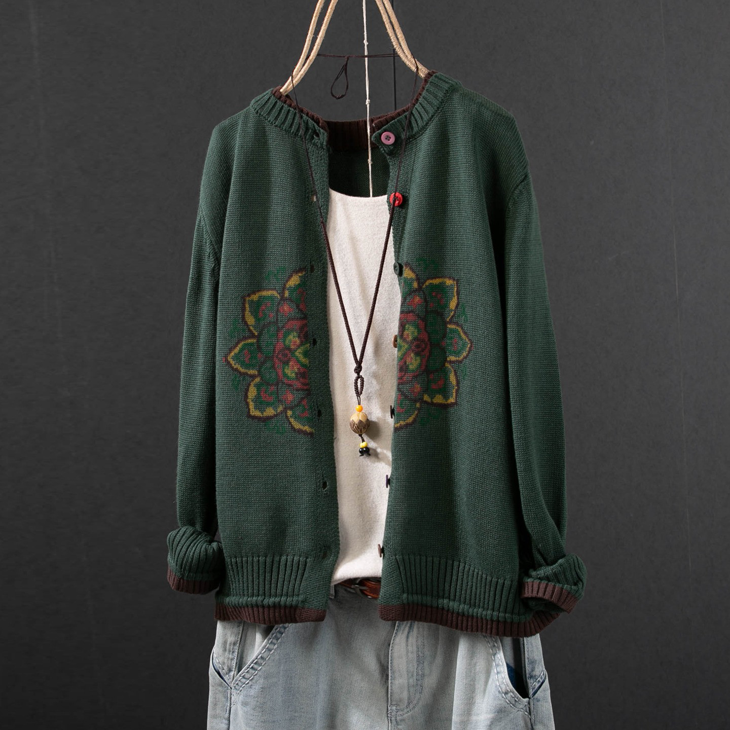 レディース ニットカーディガン クルーネック プリント コットン 長袖 ショート丈 アウター トップス