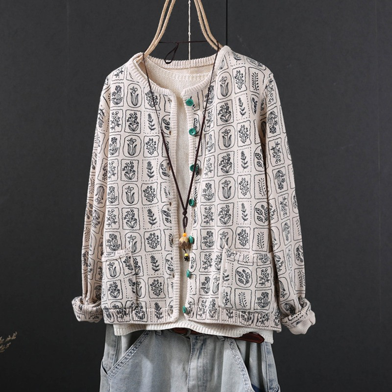 レディース ニットカーディガン プリント コットン ゆったり アウター トップス