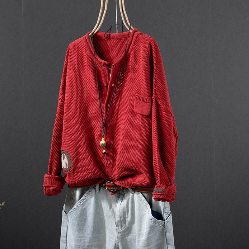 レディース ニットカーディガン ワッペンポケット コットン 長袖 アウター トップス