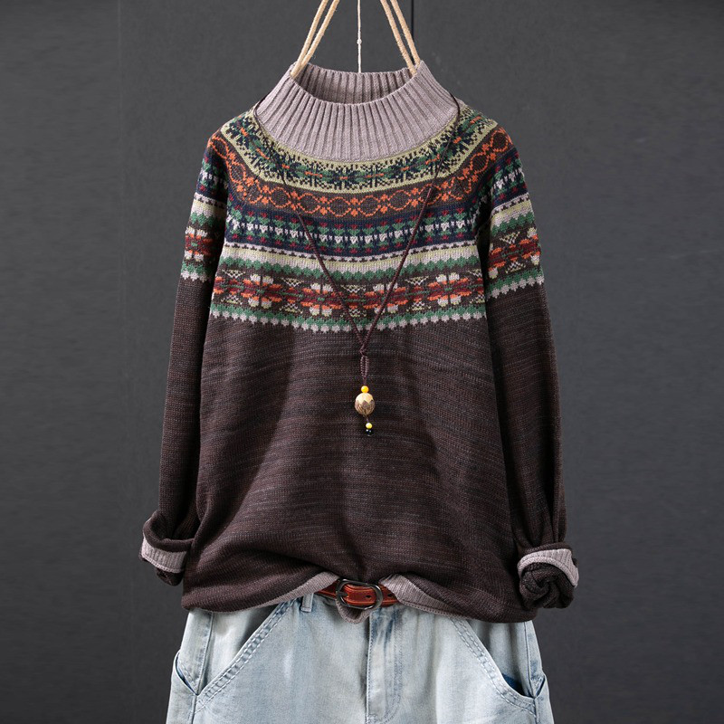 レディース モックネック ニット ジャカード エスニック風 コットン 長袖 インナー トップス